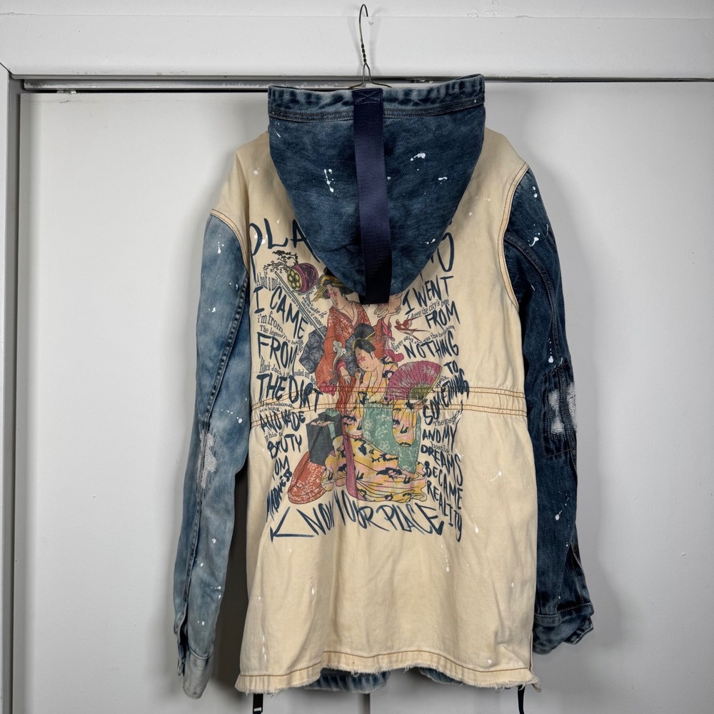 Play Cloths Mens Denim Anorak Jacket Blue Distressed Graphic Hooded Streetwear